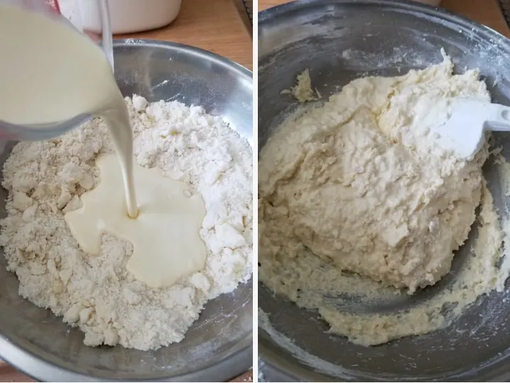 two side by side photos showing how to mix vanilla cream biscuits for cobbler topping