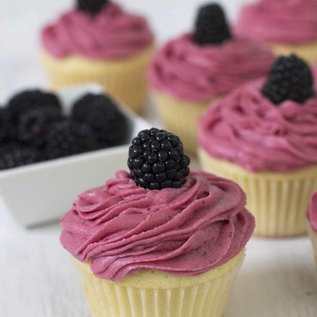 Vanilla Cupcakes with Lemon Curd Filling & Blackberry Buttercream Frosting