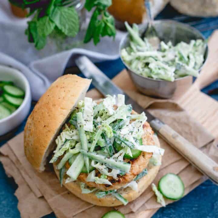 Indian Chicken Burgers with Yogurt Cucumber Slaw