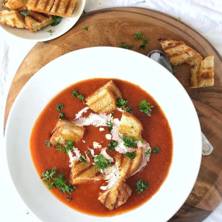 Roasted Tomato Soup with Grilled Cheese Croutons