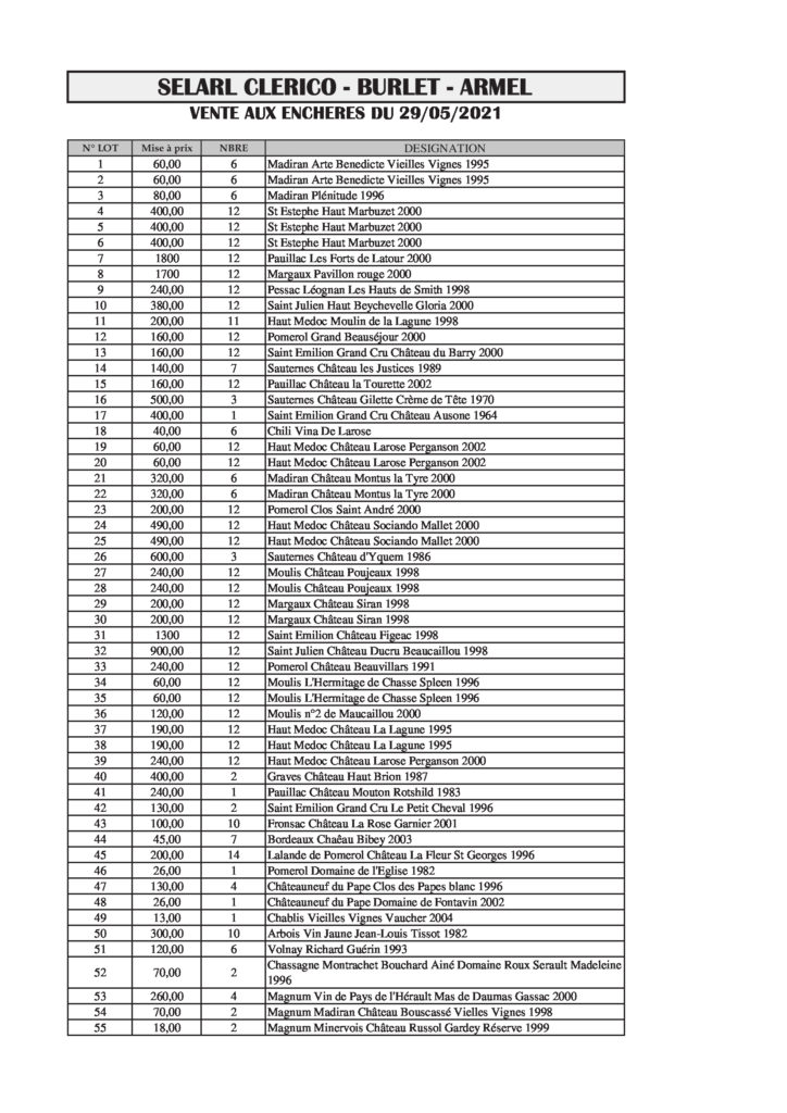 vente aux enchères vins et armagnacs de prestige. huissiers de justice lectoure gers