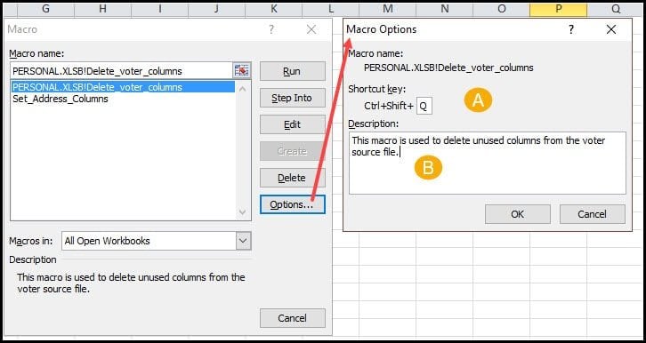 Options dialog for changing shortcut and description.