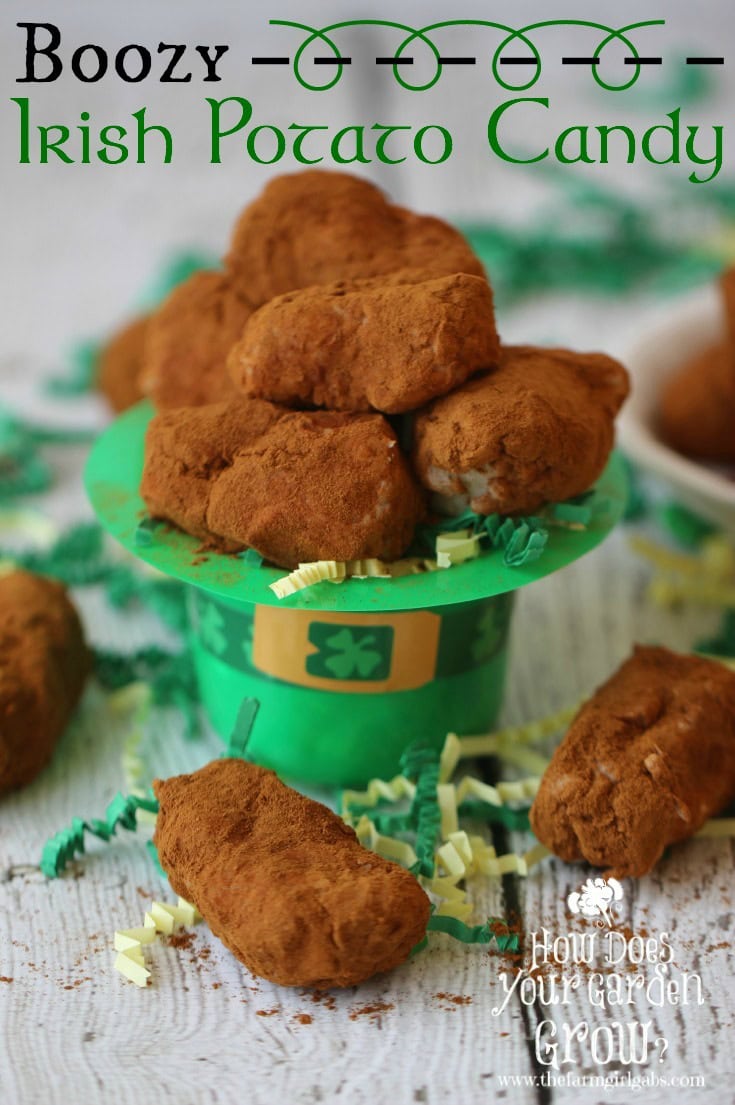 Celebrate Saint Patrick's Day with this Boozy Irish Potato Candy. These delightful confectionary creations combine coconut, cream cheese and butter. They are then formed into small potato shapes and rolled in cinnamon. This easy candy recipe is sure to please on St. Patrick's Day! #stpatricksday #candyrecipe #irishrecipe