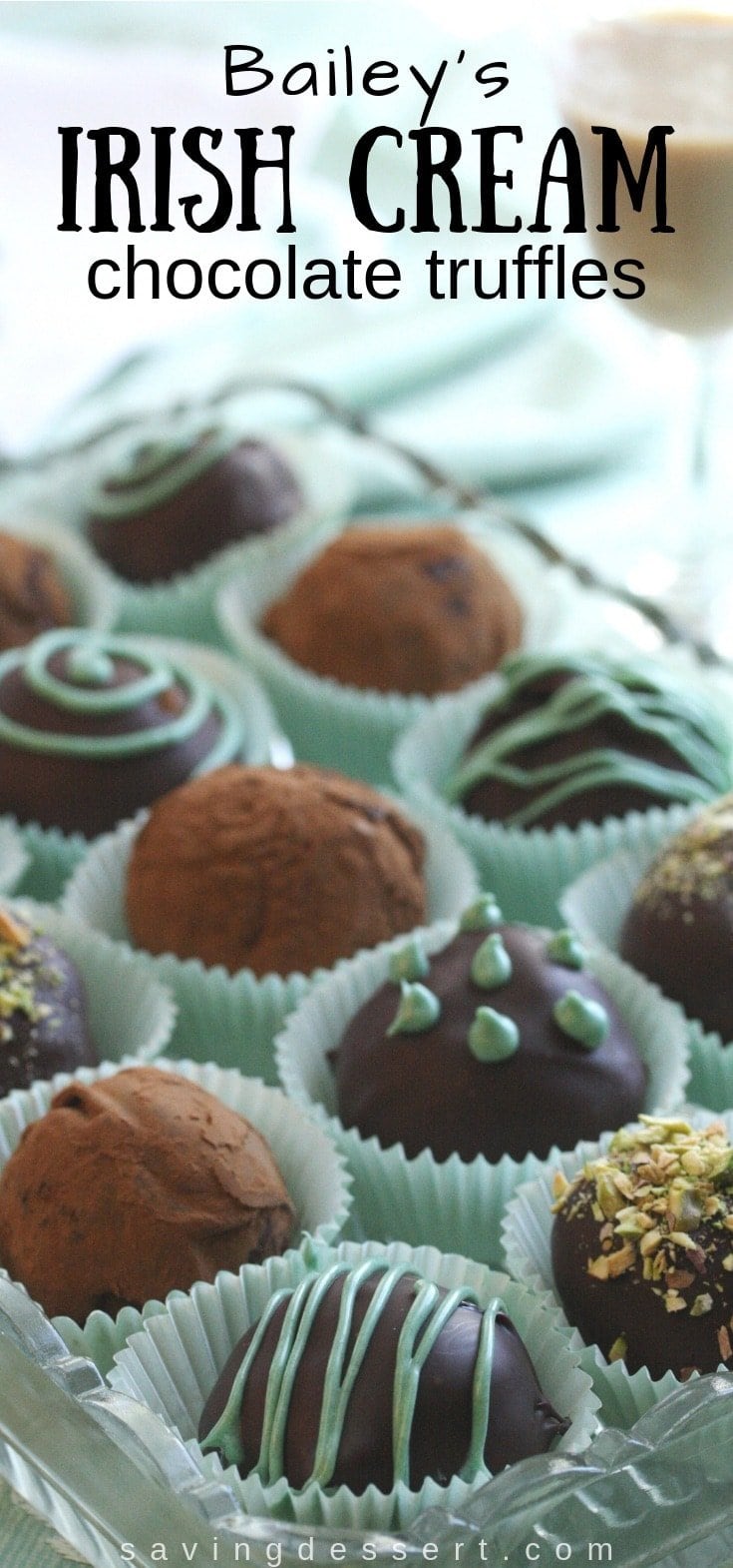 Bailey's Irish Cream Chocolate Truffles - with the amazing flavor of cream, Irish whiskey and rich dark chocolate in one bite! #truffles #baileysirishcream #baileystruffles #irishcreamtruffles #chocolatetruffles #irishcream