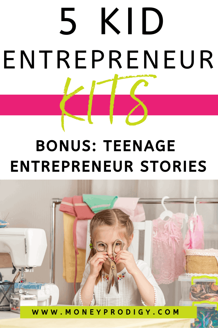 girl kid with scissors held up to her eyes in playful way, next to sewing machine, text overlay "5 kid entrepreneur kits"