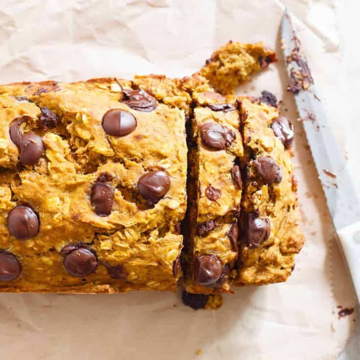 This pumpkin banana chocolate chip bread is a delicious fall treat sweet enough to be dessert and light enough to be breakfast. The perfect fall treat!