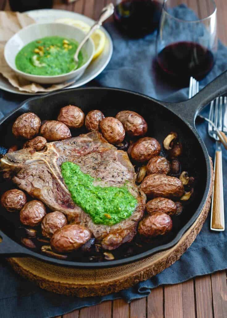 Porterhouse Steak Skillet with Spinach Horseradish Pesto
