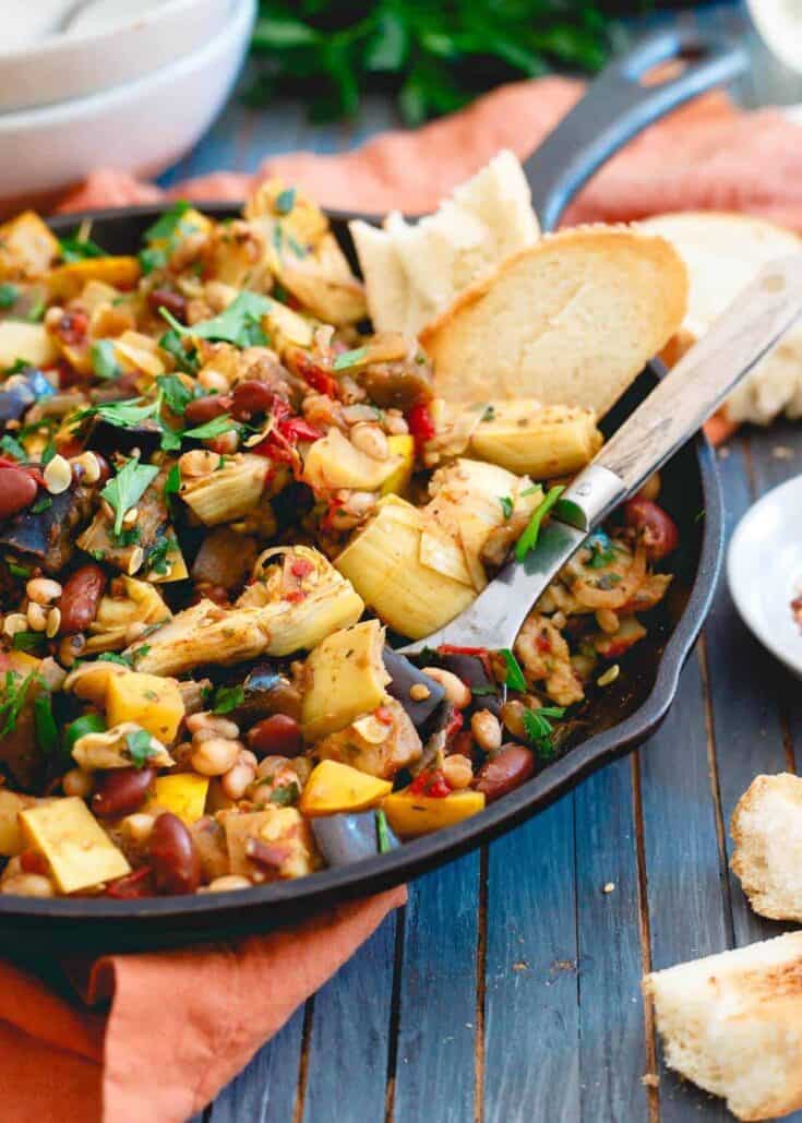 This vegetable bean skillet is packed with all the delicious end of summer garden vegetables and given a hearty, protein boost from two kinds of beans for an easy meatless meal.