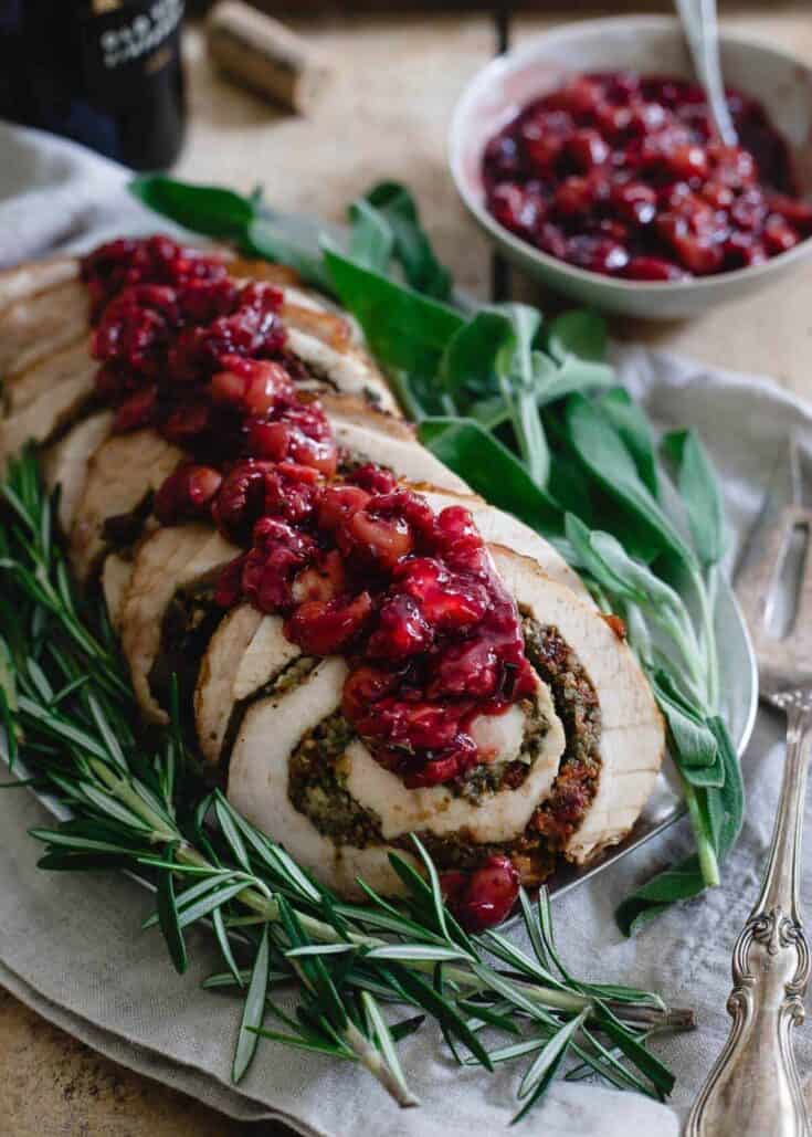 Tart Cherry Chestnut Stuffed Turkey Roulade with Red Wine Soaked Cherries
