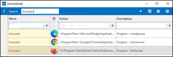 List of browsers with same action word.
