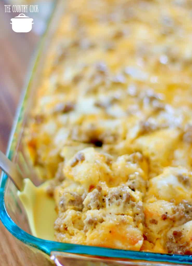 Sausage Gravy Biscuit Casserole cooked in a glass baking dish