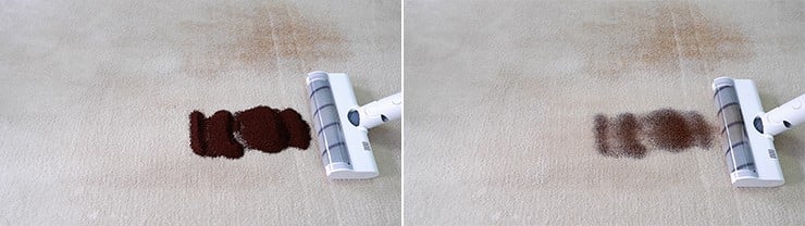 Dreame V10 cleaning coffee grounds on mid pile carpets