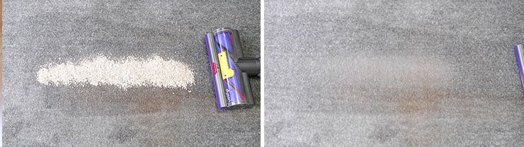 Dyson V10 cleaning tests using Quaker oats on low pile carpet