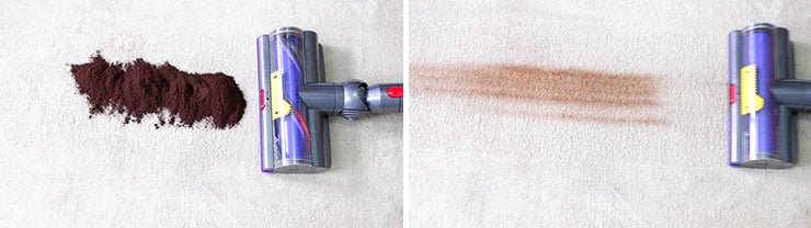Dyson V10 cleaning test using coffee grounds on mid pile carpet