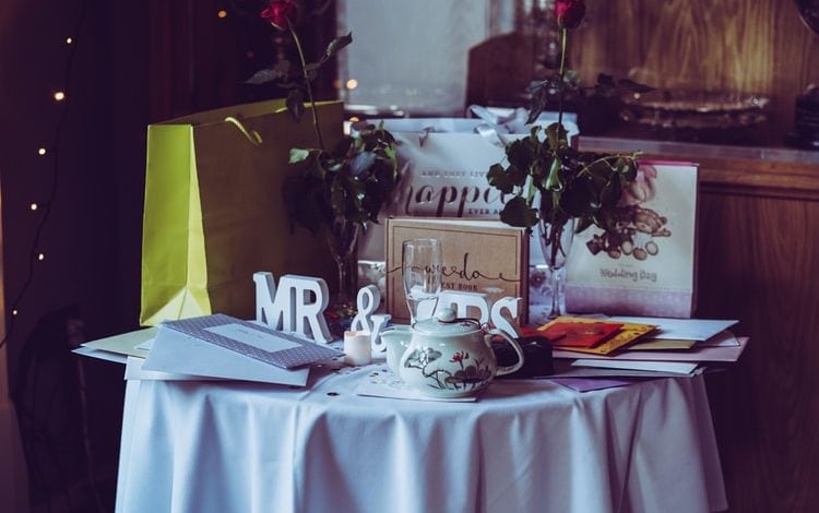 table full of wedding gifts