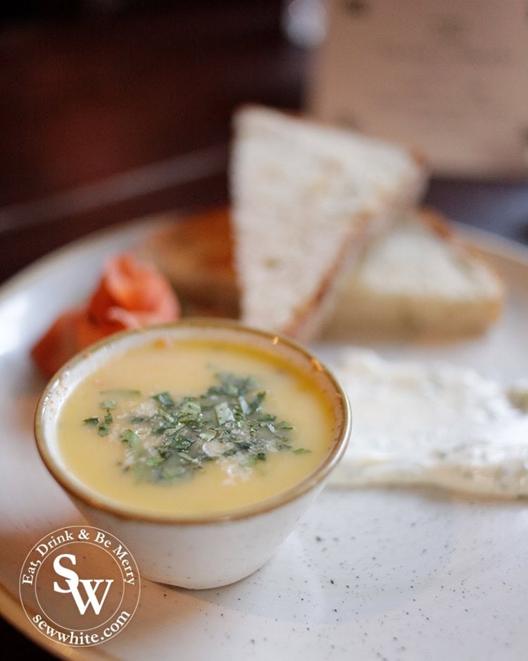 Potted Devon crab served with pickles, seaweed & wild garlic mayo with lightly toasted sourdough at The Hand in Hand Wimbledon Village.