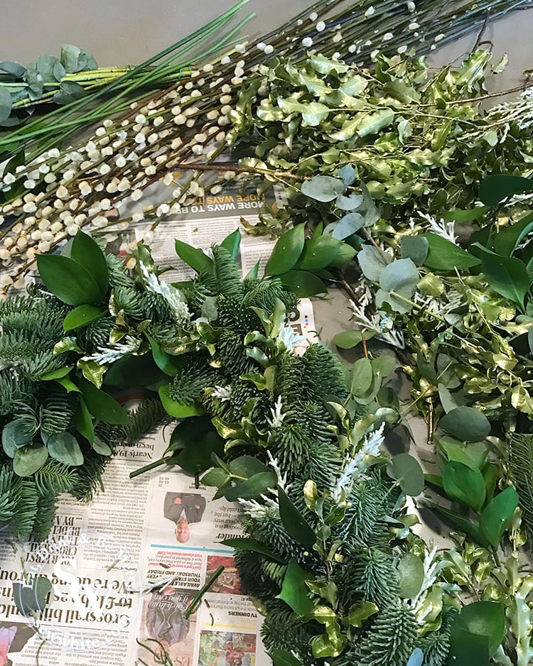 A range of greenery for the Christmas wreath including fir tree, eucalyptus and pussy willow.