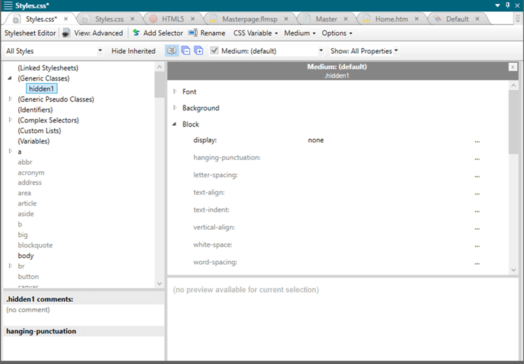 A screenshot showing a generic class created and style display:none applied in madcap Flare stylesheet editor to create version filters.