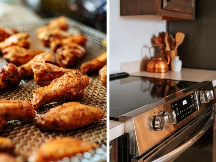 collage of two images. One is a close up of air fried chicken wings, the other is of the front controls on the Frigidaire Gallery electric range