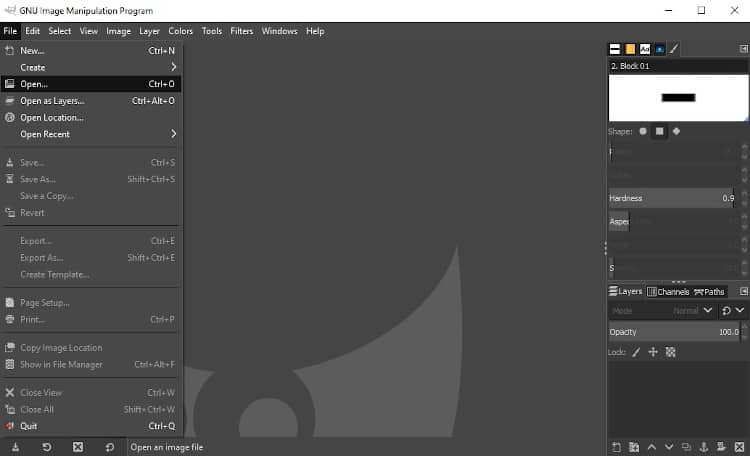 open image in gimp from file menu option