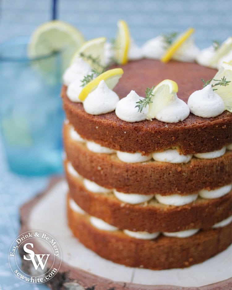 naked cake, layer cake with lemon and gin. Drizzled gin cocktail cake