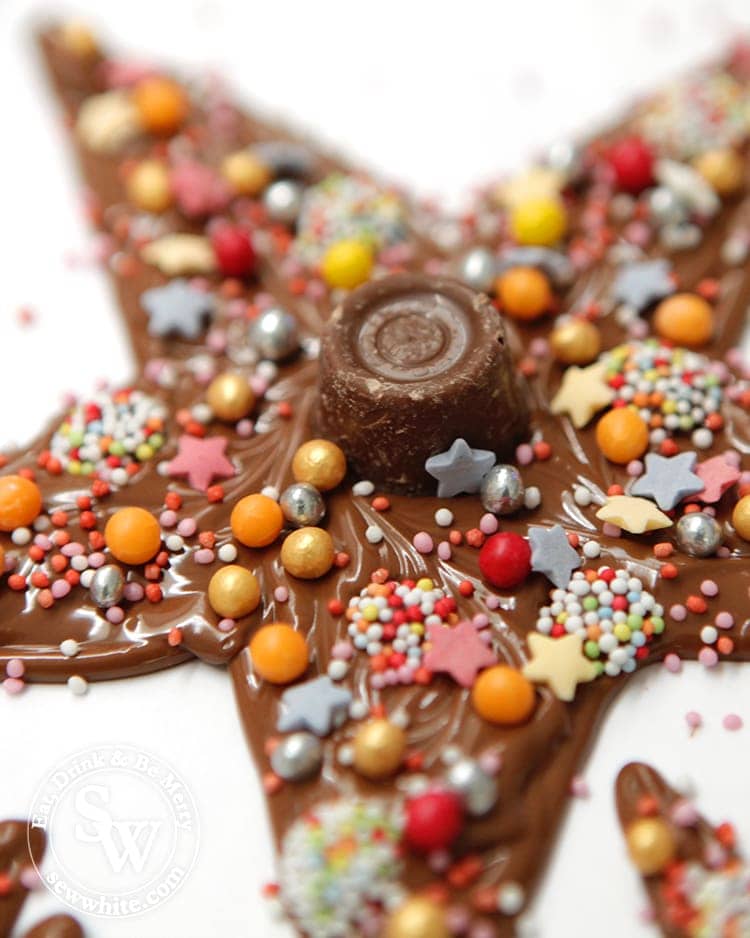 A close up of the chocolate and sprinkles on the Chocolate Star Christmas Tree