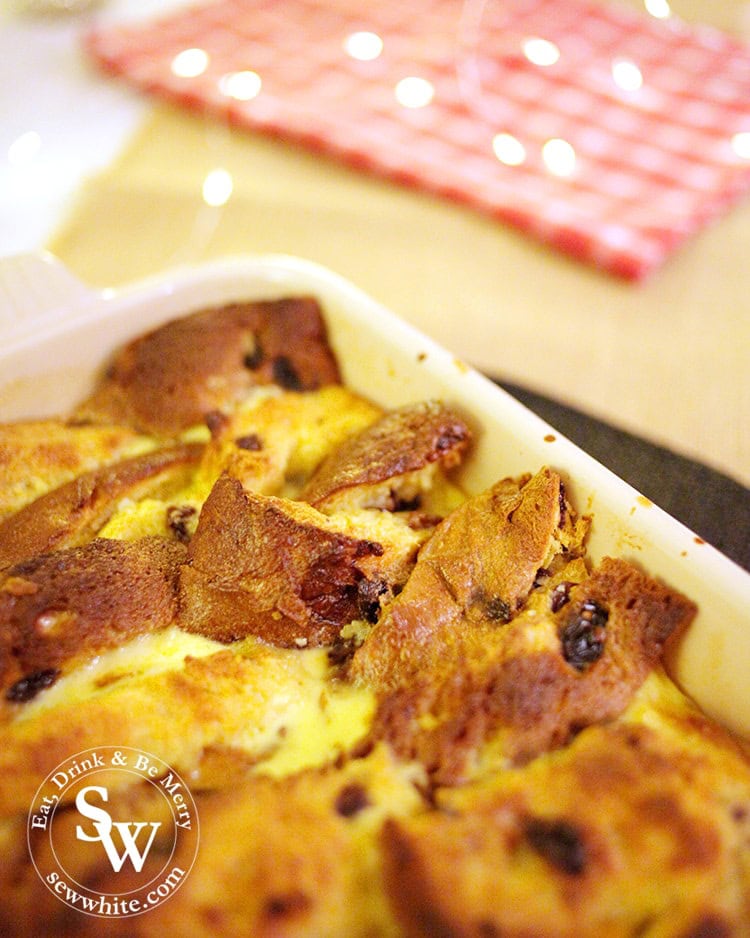 crispy Panettone slices with custard in the Christmas Bread and Butter Pudding