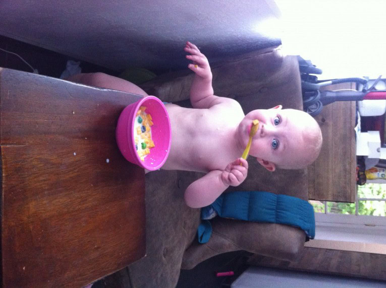 Every morning this chipmunk feeds herself a bowl of cereal, I think she does pretty good for 13 months old!