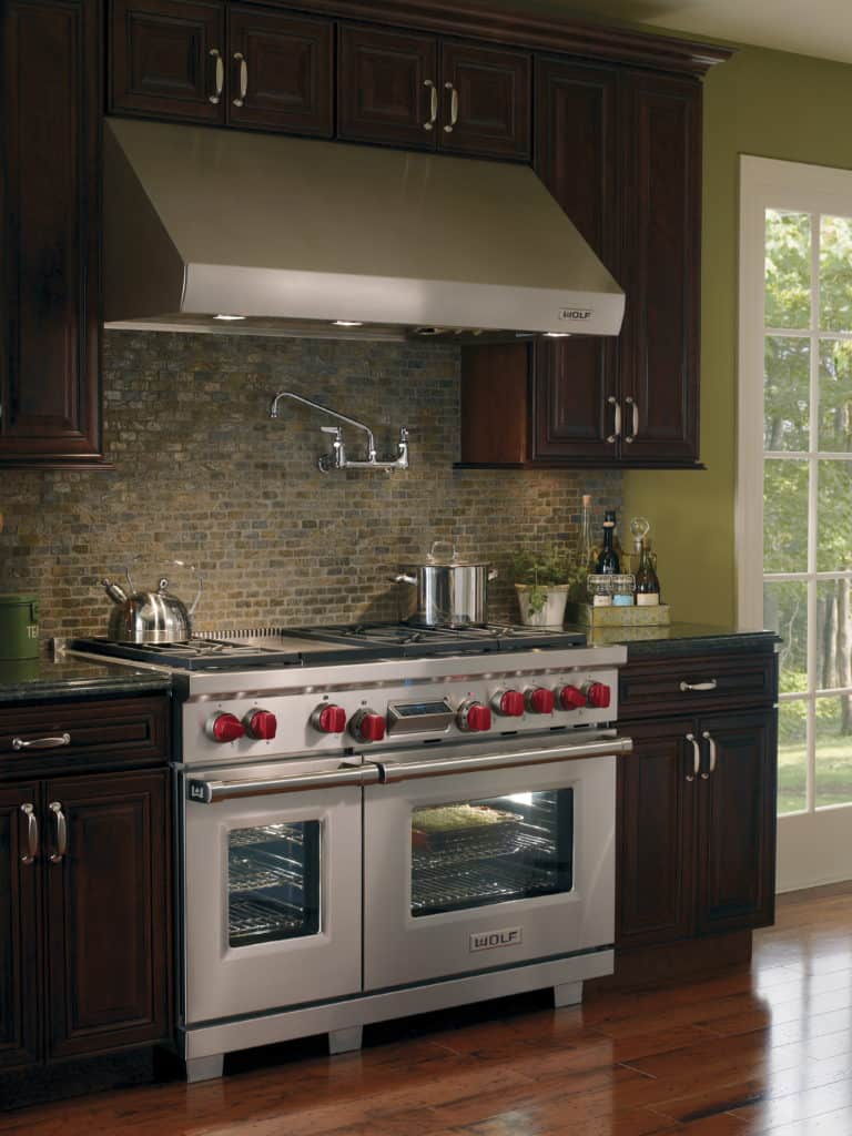image of the Wolf DF486G range installed in a kitchen