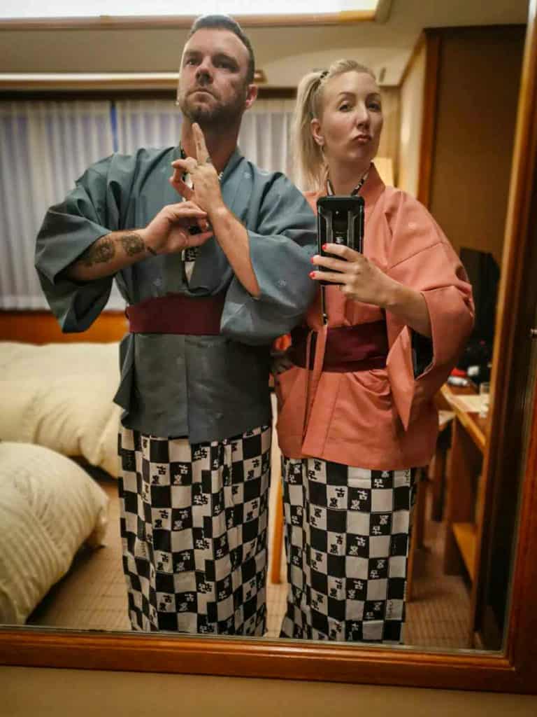 Wearing authentic kiminos in Kaminoyama onsen