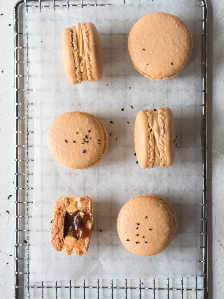 Perfect macarons with salted caramel and milk tea filling