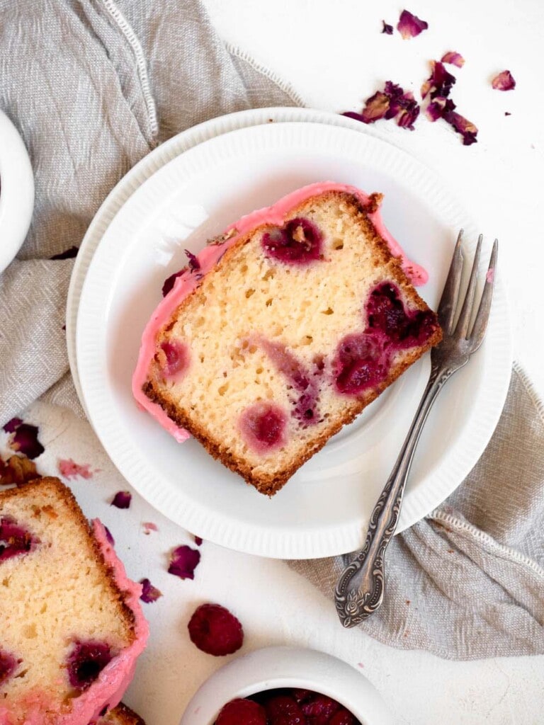 Raspberry Greek Yogurt Loaf Cake with Rose Icing