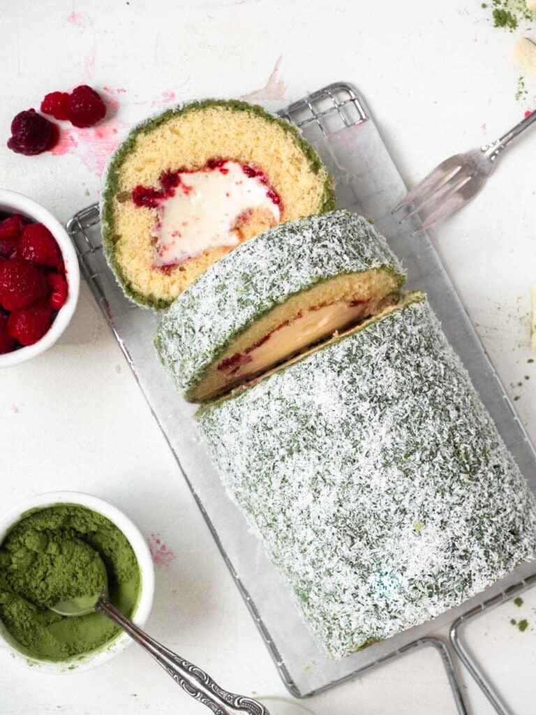 Matcha Raspberry Lamington Swiss Roll