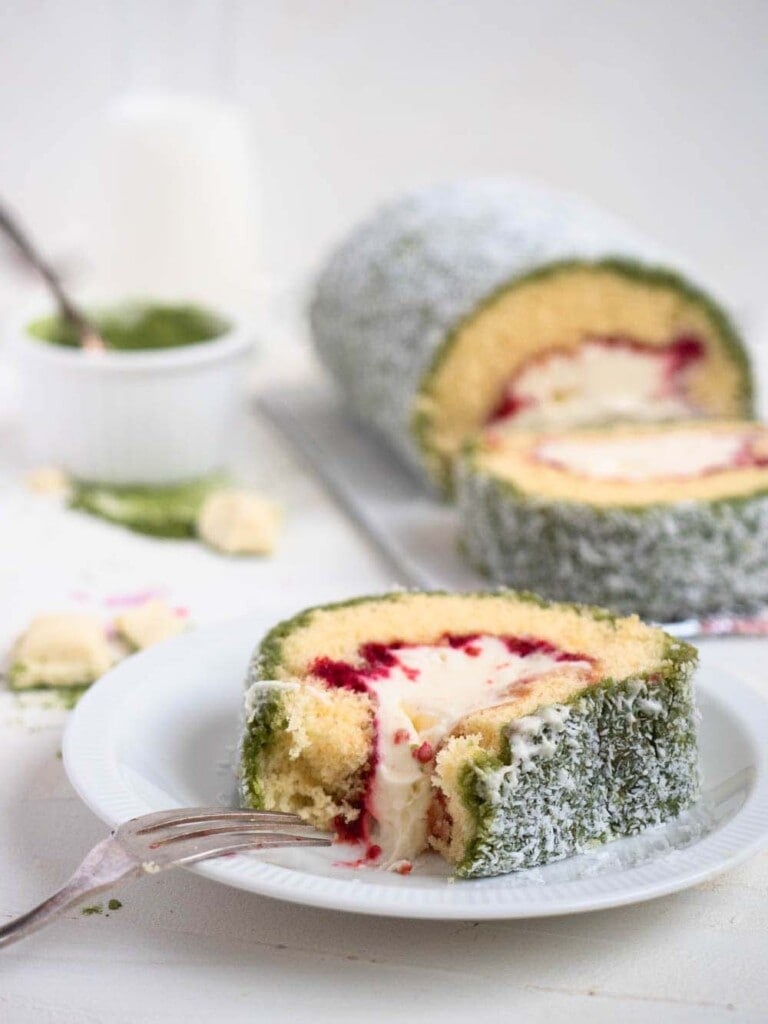 Matcha Raspberry Lamington Swiss Roll