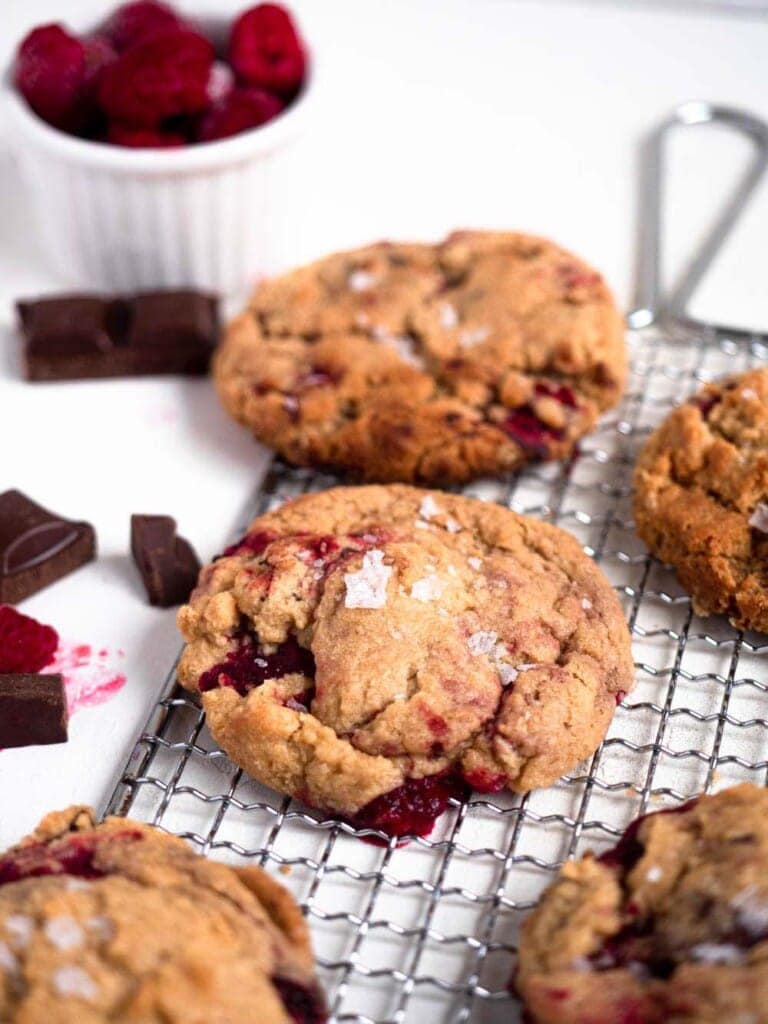 Soft Peanut Butter Raspberry Cookies with chocolate chunks