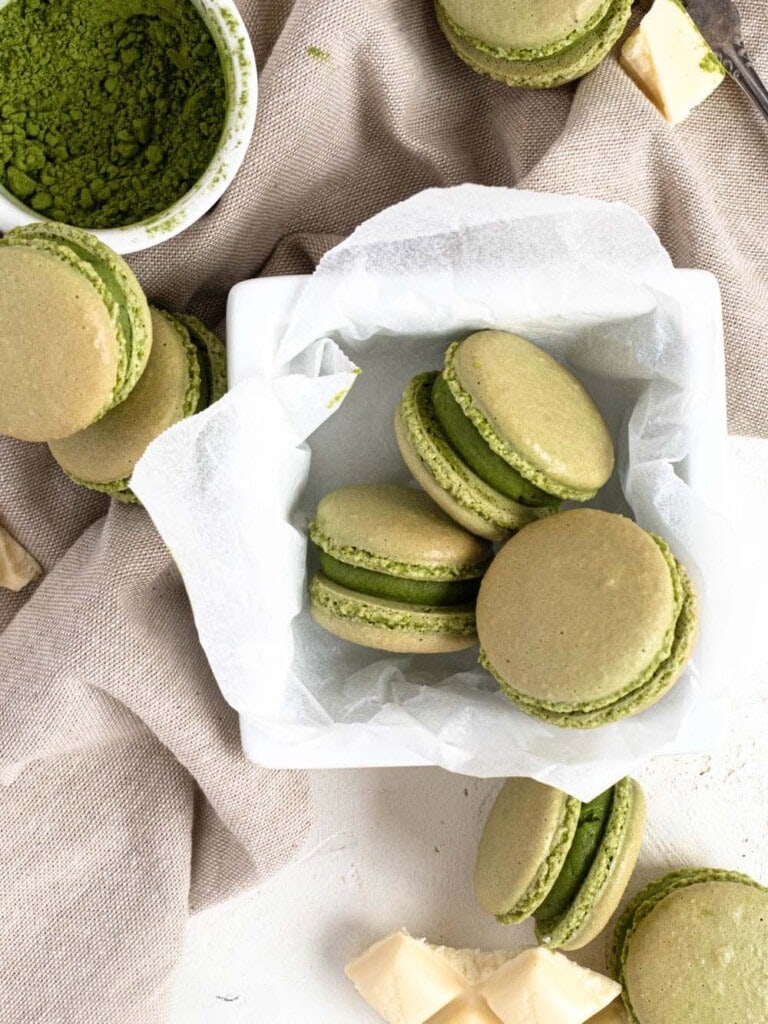 Matcha French macarons with a white chocolate green tea ganache