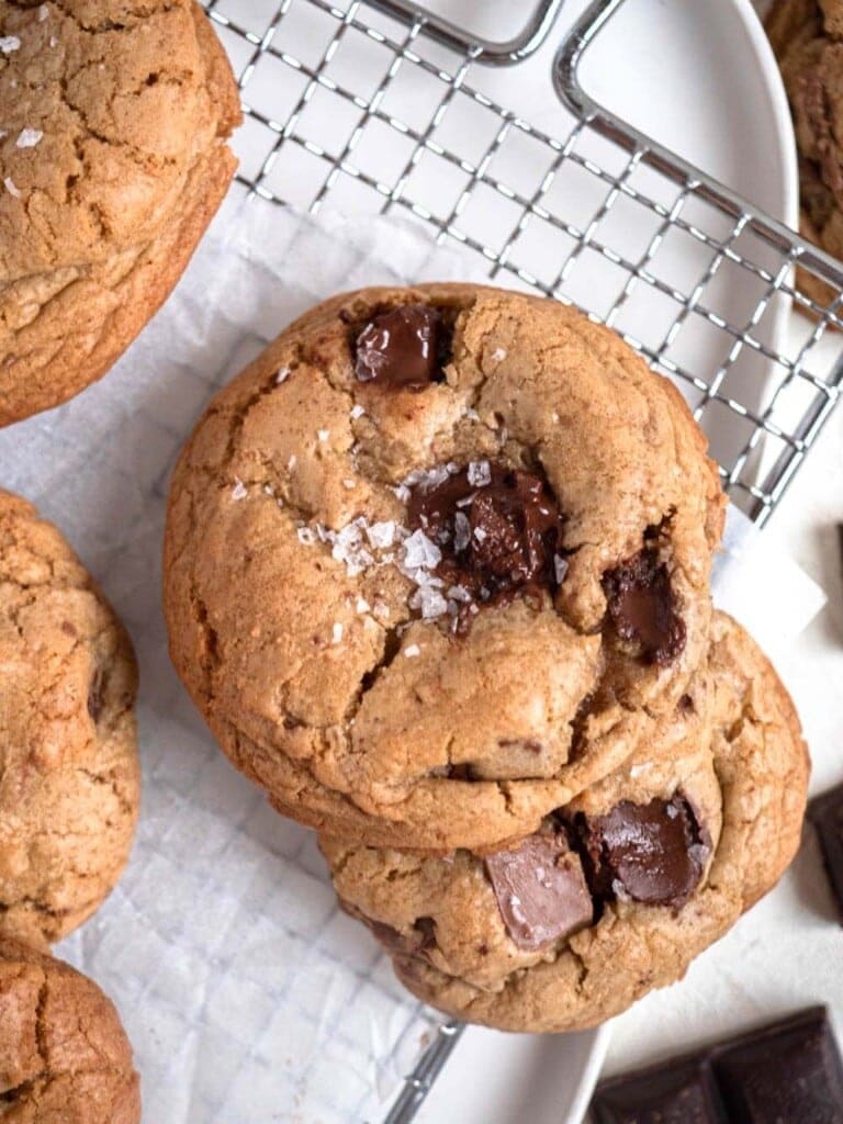 Soft and chewy salted brown butter cookies with flakey salt