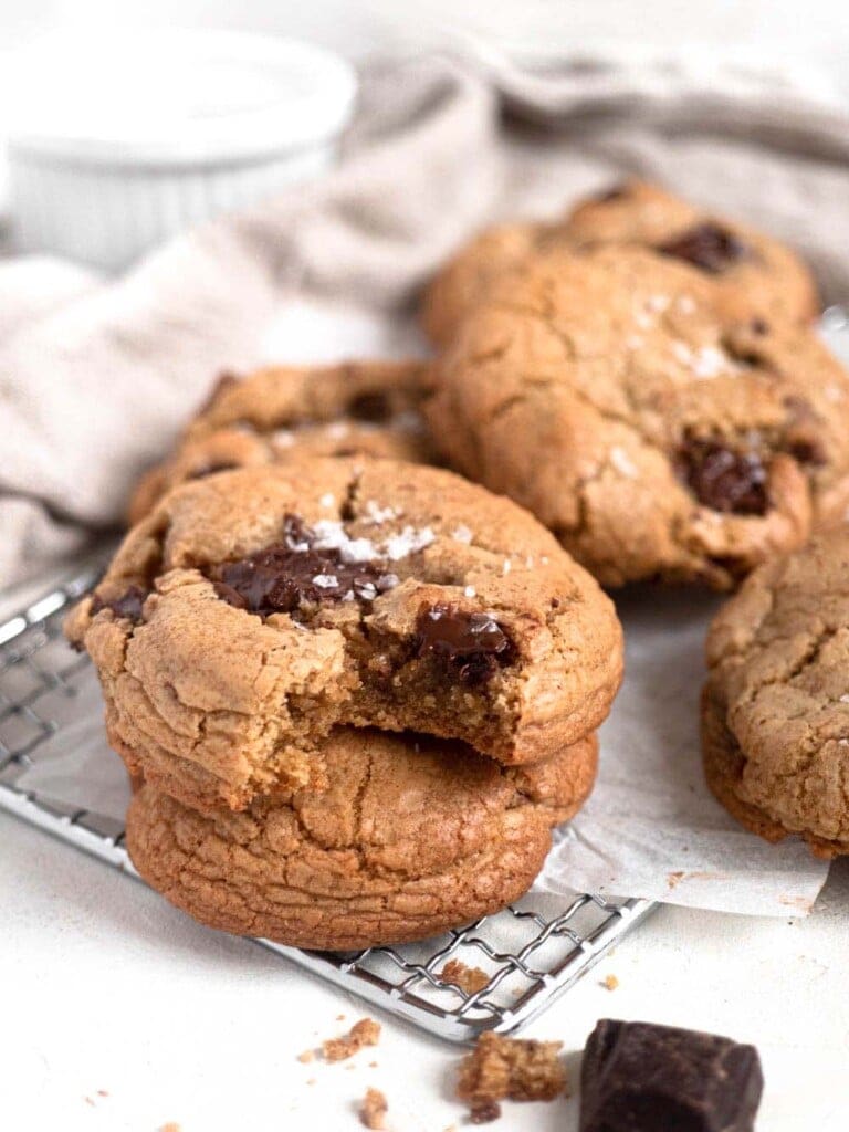 Soft and chewy salted brown butter cookies with flakey salt