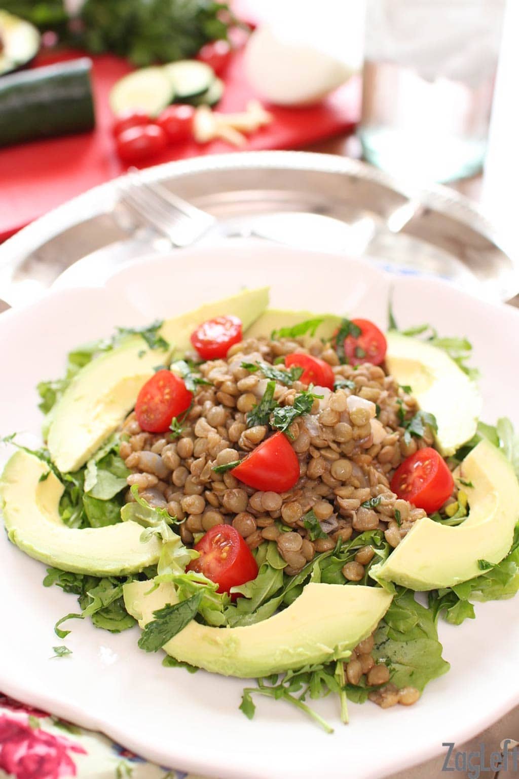 lentil salad with avocados on a plate | one dish kitchen