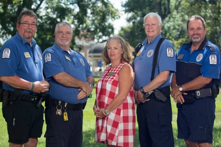 07116 Security Portrait AJR04 Brenau Safety and Security team Edwin Harwell, from left, Van Johnson, Paula Dampier, Jack Dodd, and Marty Lee