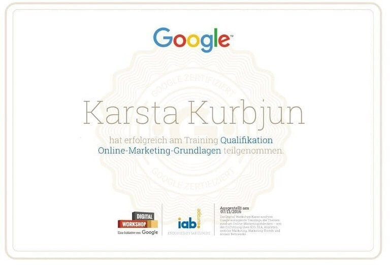 Digitales Wachstum - Kunden gewinnen Google Digital Workshop Zertifikat Karsta Kurbjun