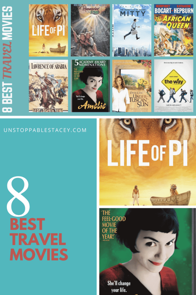 Collage of 8 Best Travel movies posters in Pinterest format. Save to Pinterest