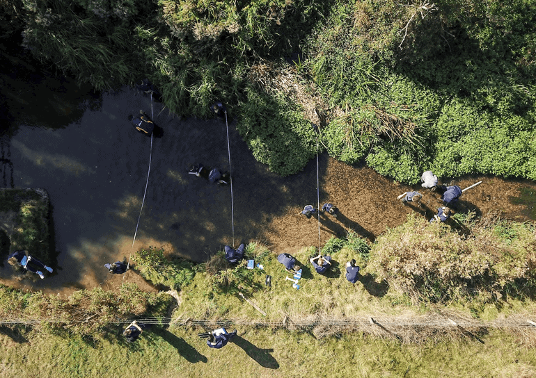 Birds eye view of pupils doing fieldwork at Rive Pang