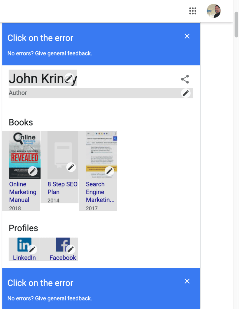 Information that is editable in the Google Knowledge Panel