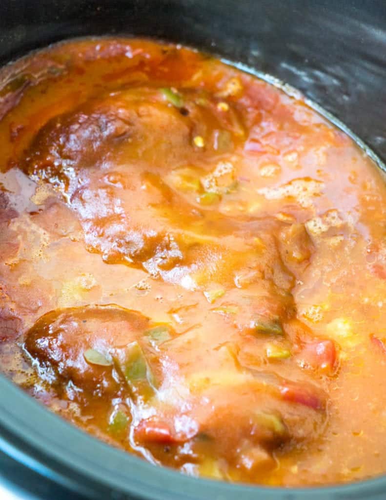 chicken breasts, salsa, taco seasoning, cream of chicken cooked in an oval slow cooker