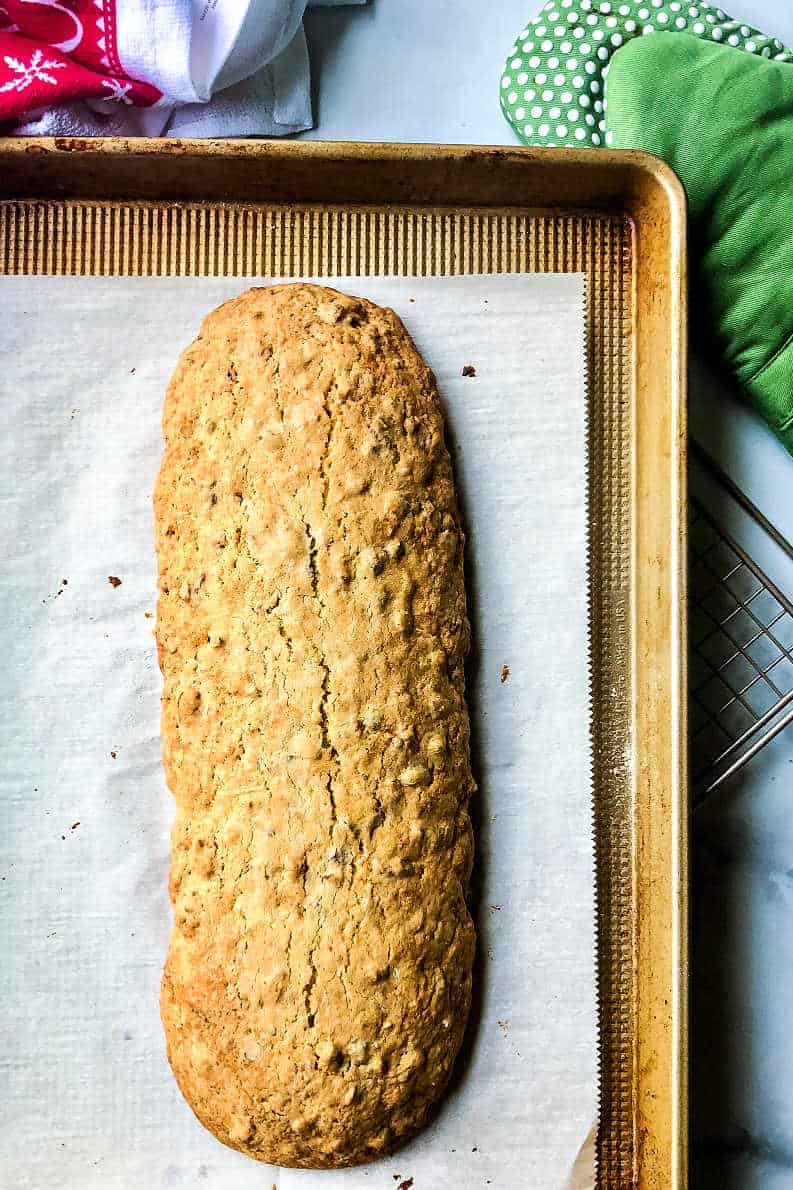 a baked log of biscotti before it has been sliced