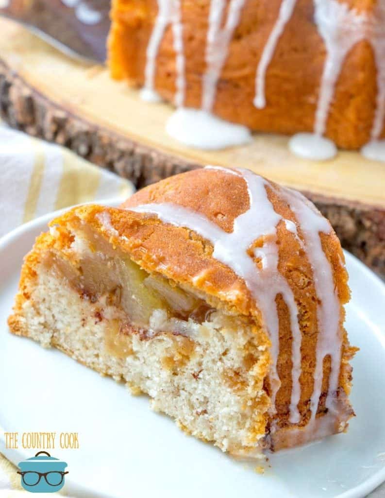 apple cinnamon, apple cider bundt cake with apple pie filling inside