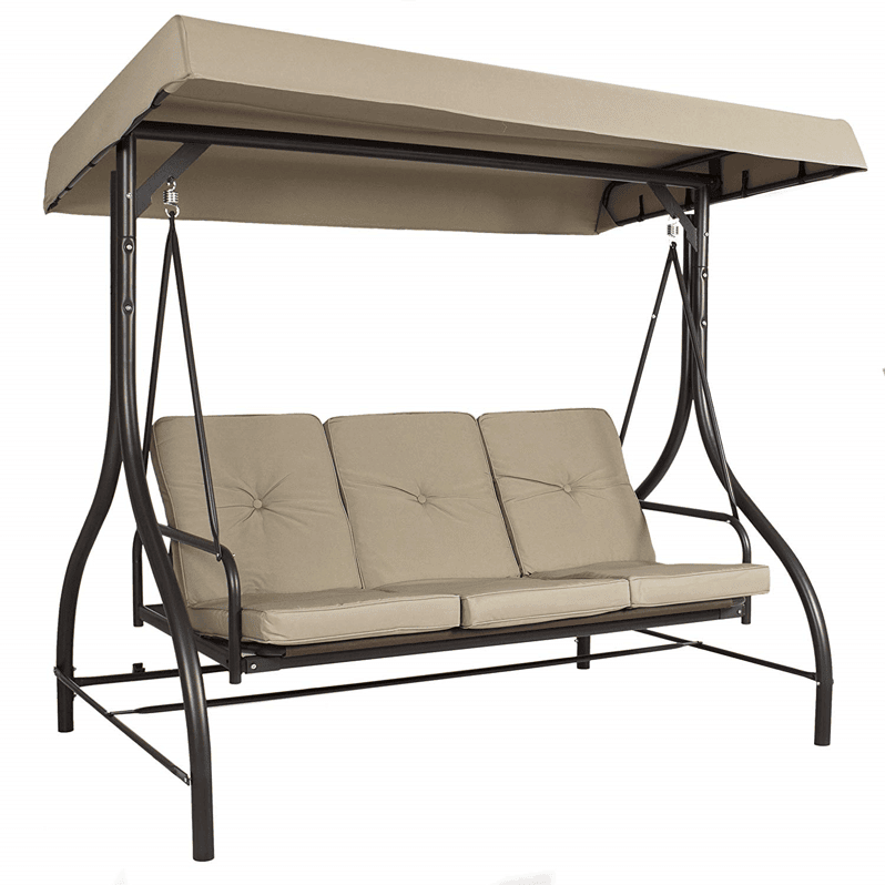 3 PERSON PATIO SWING WITH CANOPY TAN UPHOLSTERY