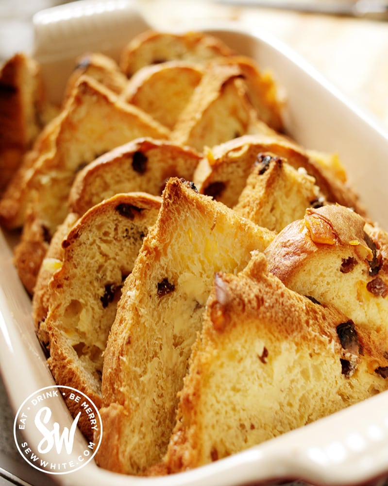 Panettone slices in an oven proof dish.