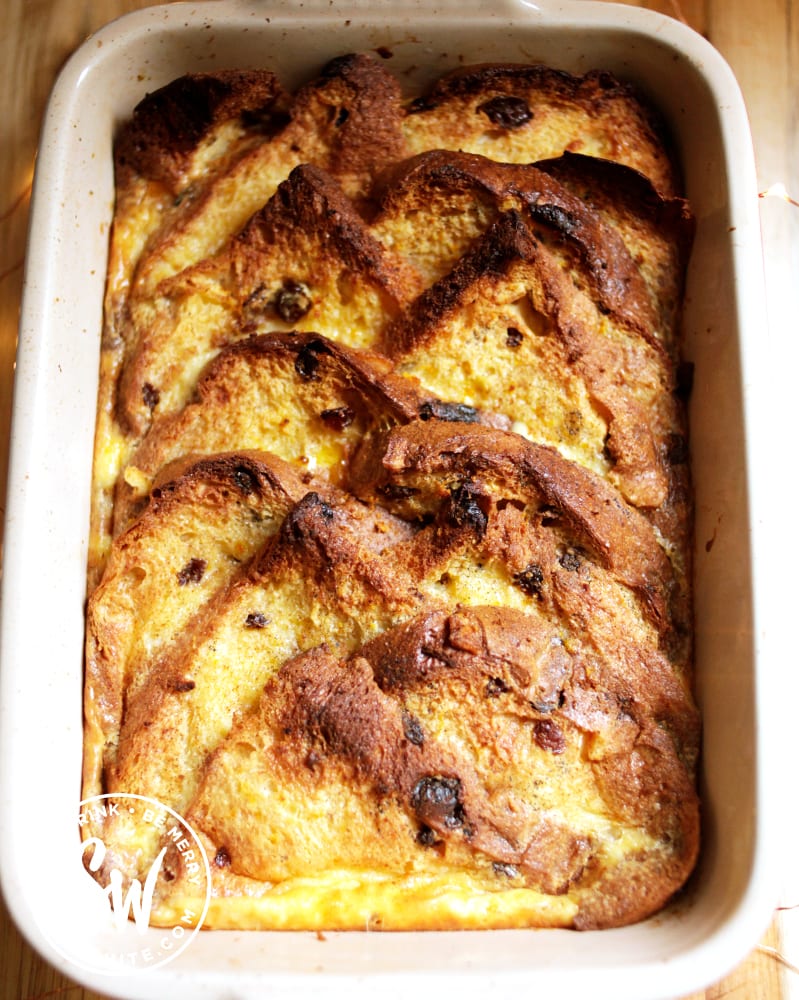 Golden baked Panettone Bread and Butter Pudding fresh out of the oven.